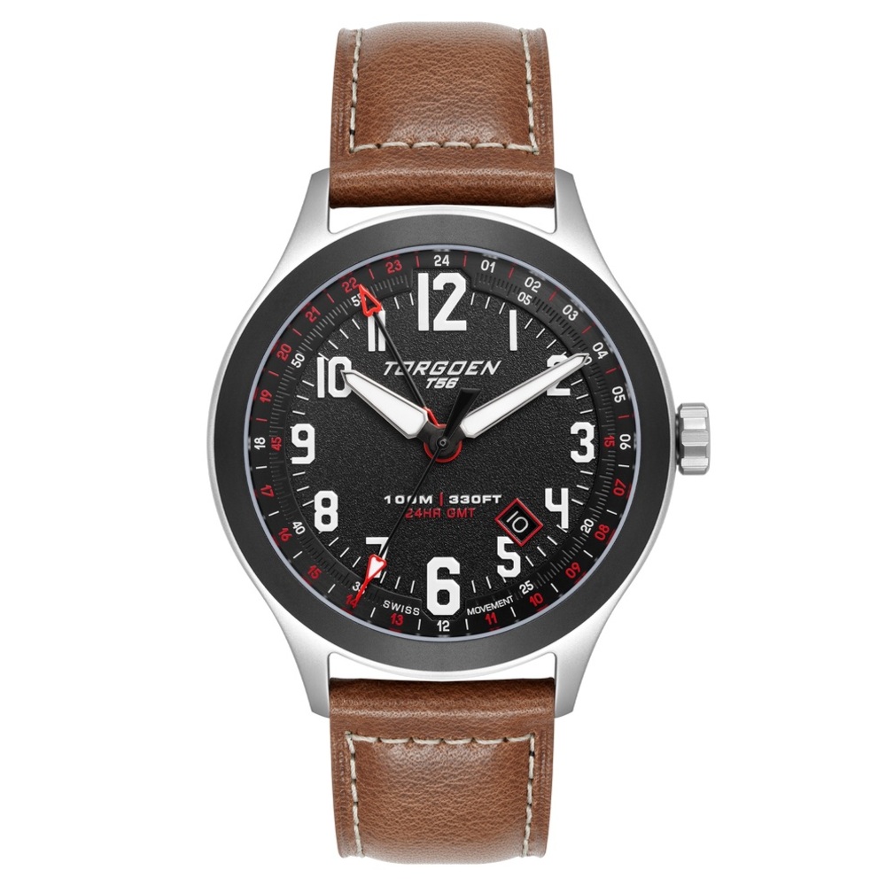 Torgoen T56 GMT Black Sapphire Pilot Watch - Black Dial, Brown Leather Strap